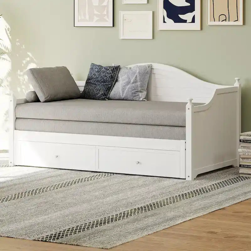 Wooden Daybed with 2 Storage Drawers, Twin Size Storage Platform Bed - Twin Size Extendable Day-bed Pop-up Trundle Bed, Sofa Bed