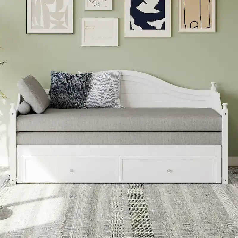 Wooden Daybed with 2 Storage Drawers, Twin Size Storage Platform Bed - Twin Size Extendable Day-bed Pop-up Trundle Bed, Sofa Bed