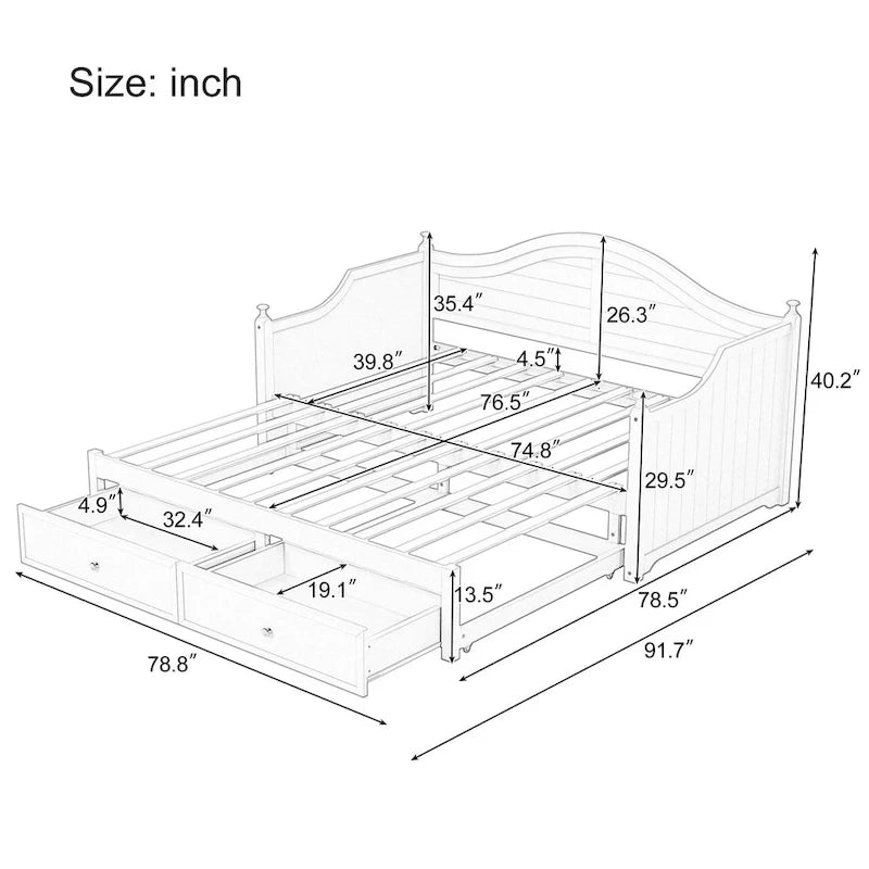 Wooden Daybed with 2 Storage Drawers, Twin Size Storage Platform Bed - Twin Size Extendable Day-bed Pop-up Trundle Bed, Sofa Bed