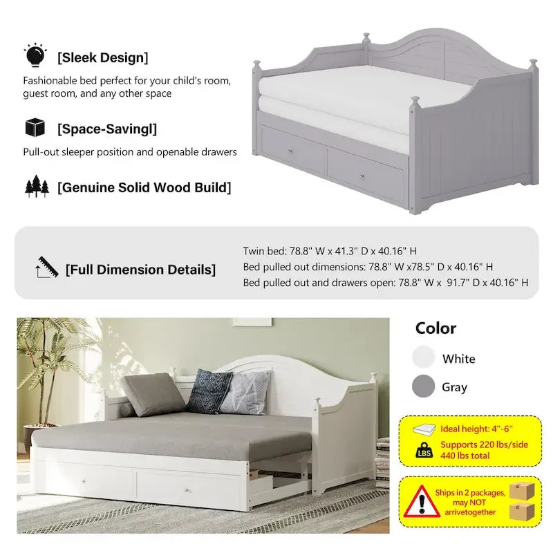 Wooden Daybed with 2 Storage Drawers, Twin Size Storage Platform Bed - Twin Size Extendable Day-bed Pop-up Trundle Bed, Sofa Bed