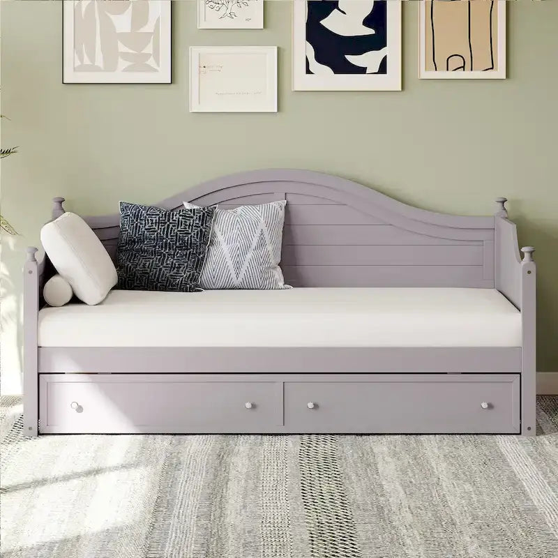Wooden Daybed with 2 Storage Drawers, Twin Size Storage Platform Bed - Twin Size Extendable Day-bed Pop-up Trundle Bed, Sofa Bed