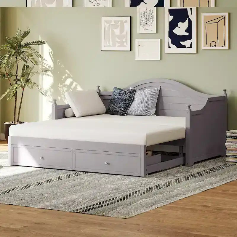 Wooden Daybed with 2 Storage Drawers, Twin Size Storage Platform Bed - Twin Size Extendable Day-bed Pop-up Trundle Bed, Sofa Bed