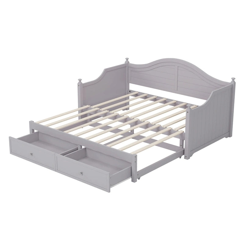 Wooden Daybed with 2 Storage Drawers, Twin Size Storage Platform Bed - Twin Size Extendable Day-bed Pop-up Trundle Bed, Sofa Bed
