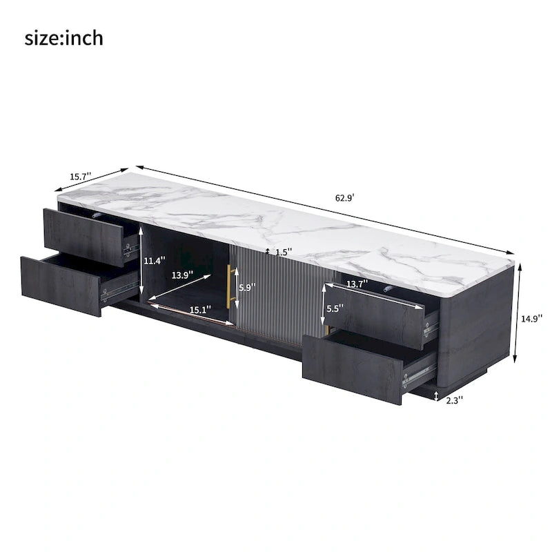Glass Doors TV Stand for 70 TV, Media Console with 4 Drawers Floor Wood TV Media Center Table with Large Storage Cabinet