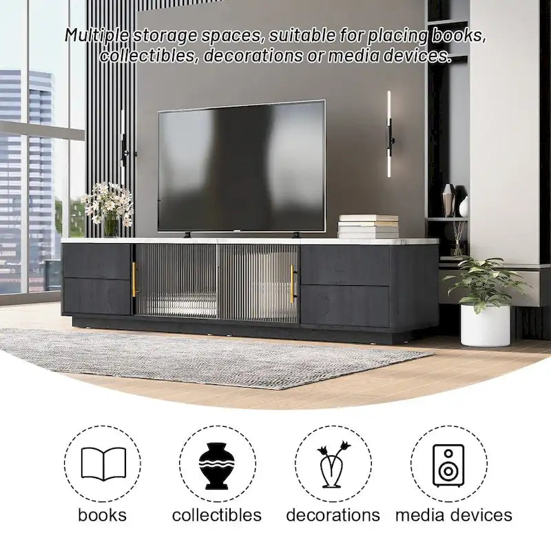 Glass Doors TV Stand for 70 TV, Media Console with 4 Drawers Floor Wood TV Media Center Table with Large Storage Cabinet