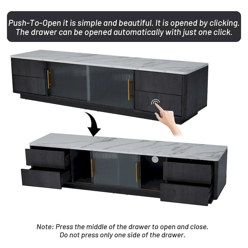 Glass Doors TV Stand for 70 TV, Media Console with 4 Drawers Floor Wood TV Media Center Table with Large Storage Cabinet