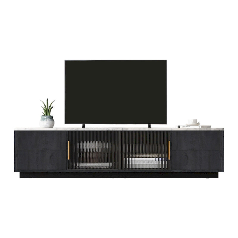 Glass Doors TV Stand for 70 TV, Media Console with 4 Drawers Floor Wood TV Media Center Table with Large Storage Cabinet