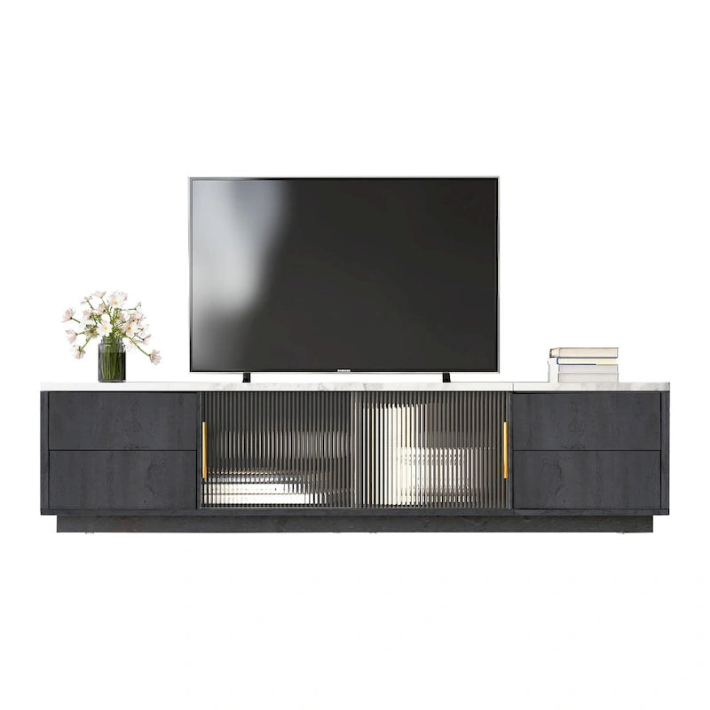 Glass Doors TV Stand for 70 TV, Media Console with 4 Drawers Floor Wood TV Media Center Table with Large Storage Cabinet