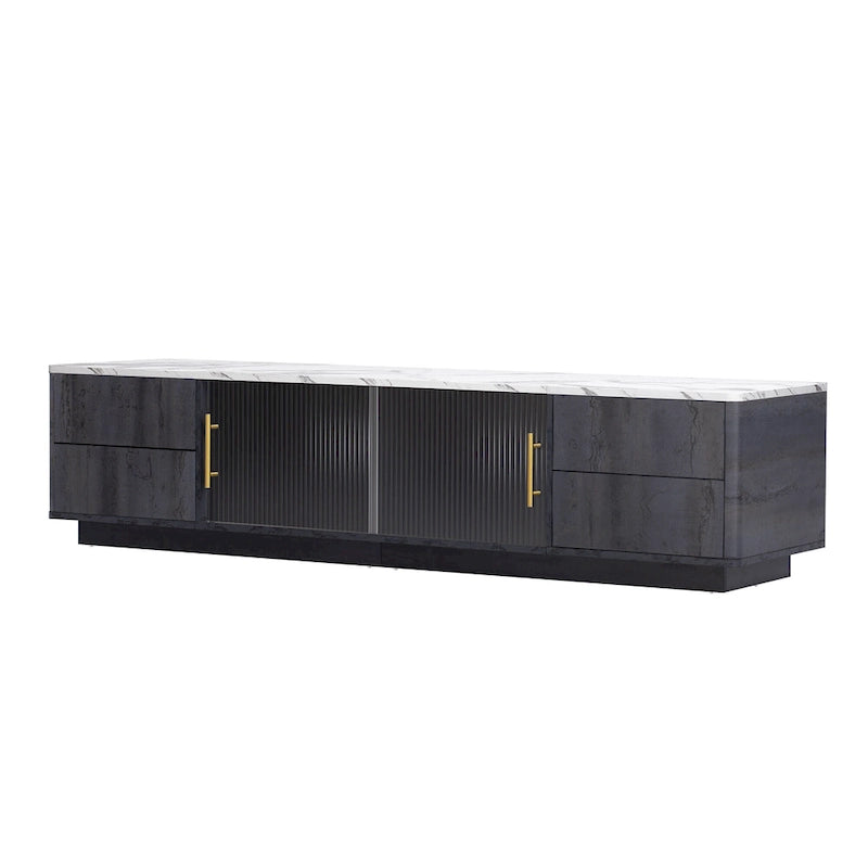Glass Doors TV Stand for 70 TV, Media Console with 4 Drawers Floor Wood TV Media Center Table with Large Storage Cabinet