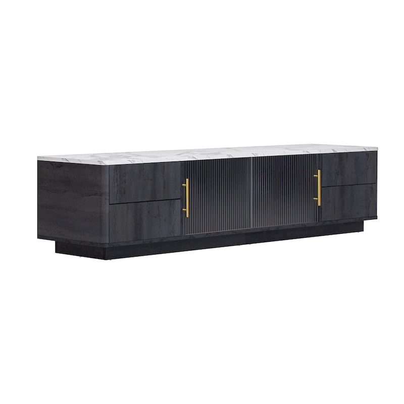 Glass Doors TV Stand for 70 TV, Media Console with 4 Drawers Floor Wood TV Media Center Table with Large Storage Cabinet