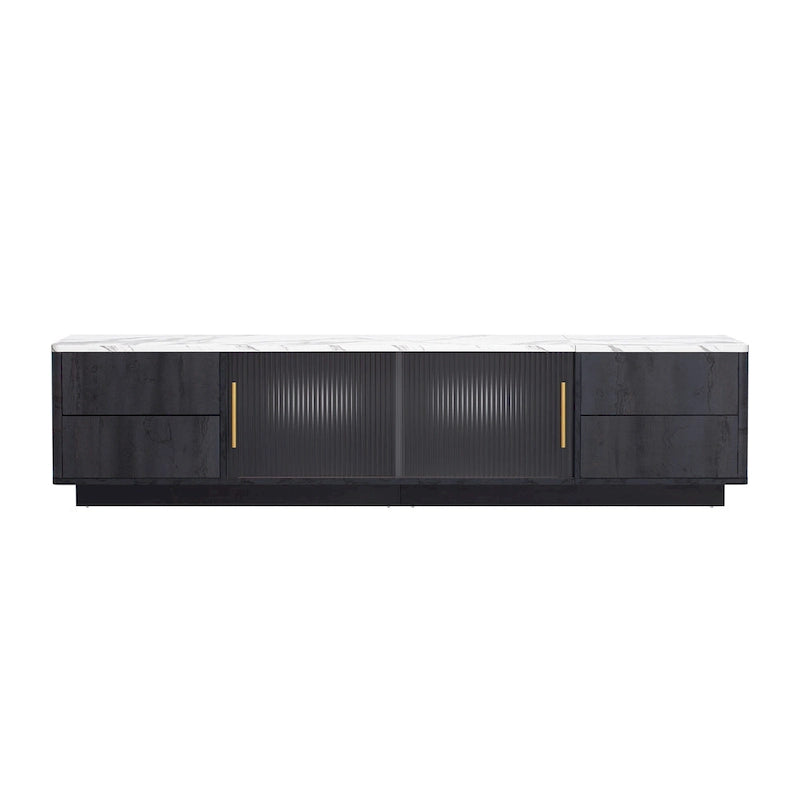Glass Doors TV Stand for 70 TV, Media Console with 4 Drawers Floor Wood TV Media Center Table with Large Storage Cabinet