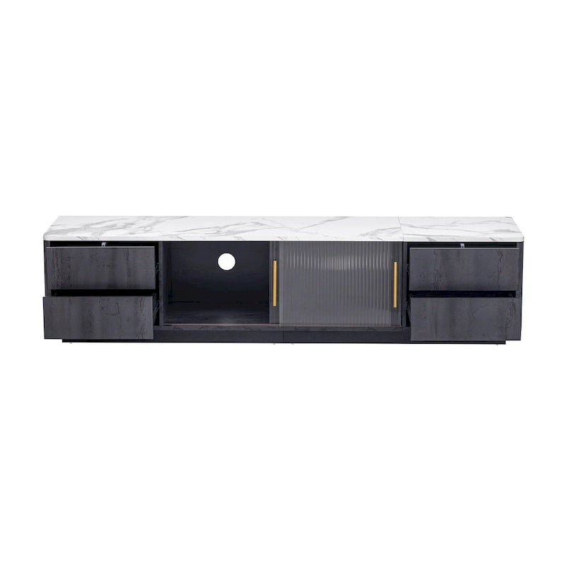 Glass Doors TV Stand for 70 TV, Media Console with 4 Drawers Floor Wood TV Media Center Table with Large Storage Cabinet