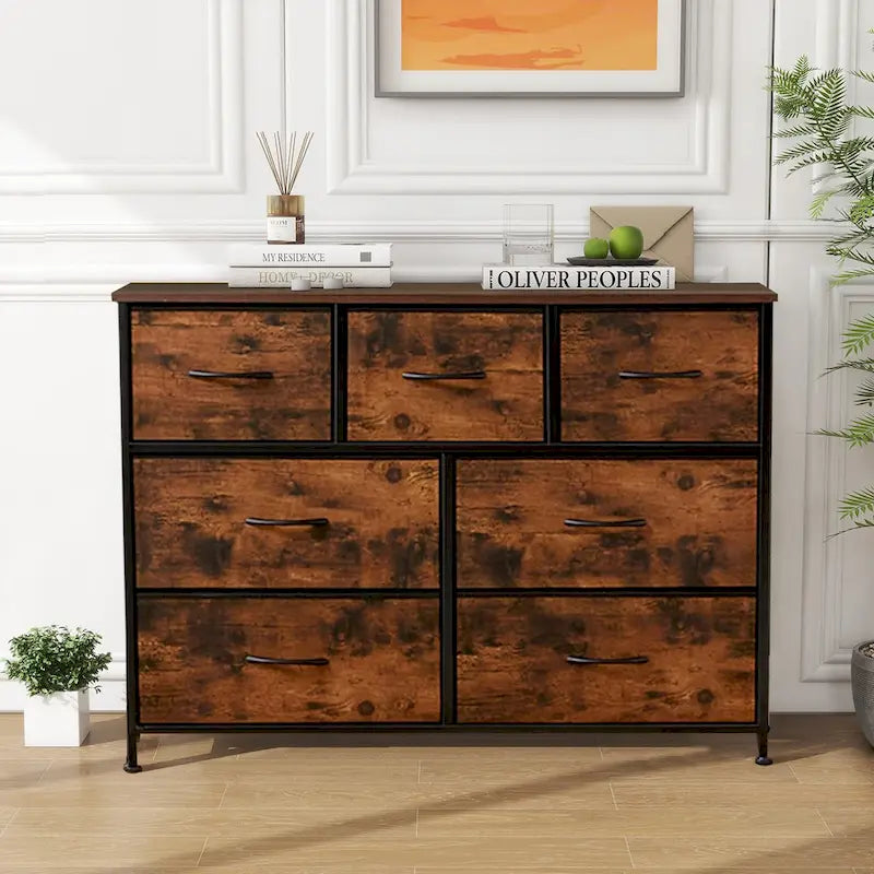 Freestanding 7-Drawer Chest of Drawers Chest Tower TV Stand with Wood Top for Closet Bedroom