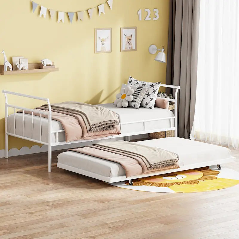 Metal Daybed Sofabed Frame with Curved Handles & Pull-out Trundle Bed for Kids Girls Boys