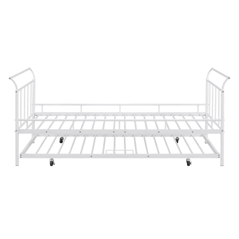 Metal Daybed Sofabed Frame with Curved Handles & Pull-out Trundle Bed for Kids Girls Boys
