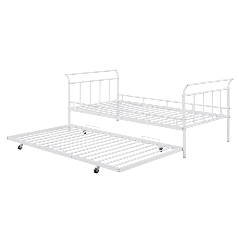 Metal Daybed Sofabed Frame with Curved Handles & Pull-out Trundle Bed for Kids Girls Boys