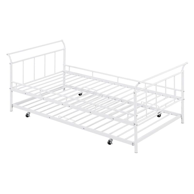 Metal Daybed Sofabed Frame with Curved Handles & Pull-out Trundle Bed for Kids Girls Boys