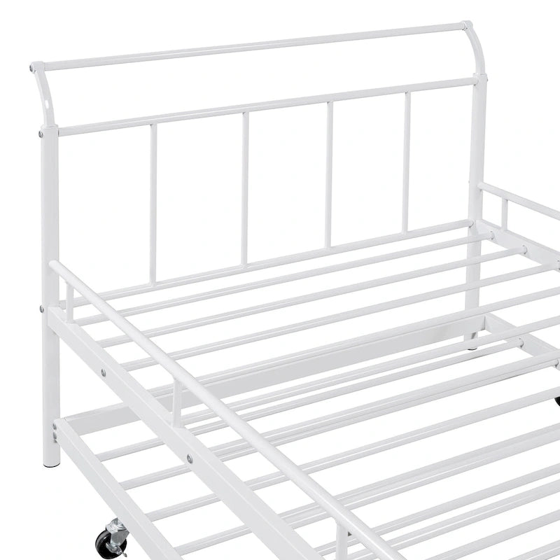 Metal Daybed Sofabed Frame with Curved Handles & Pull-out Trundle Bed for Kids Girls Boys
