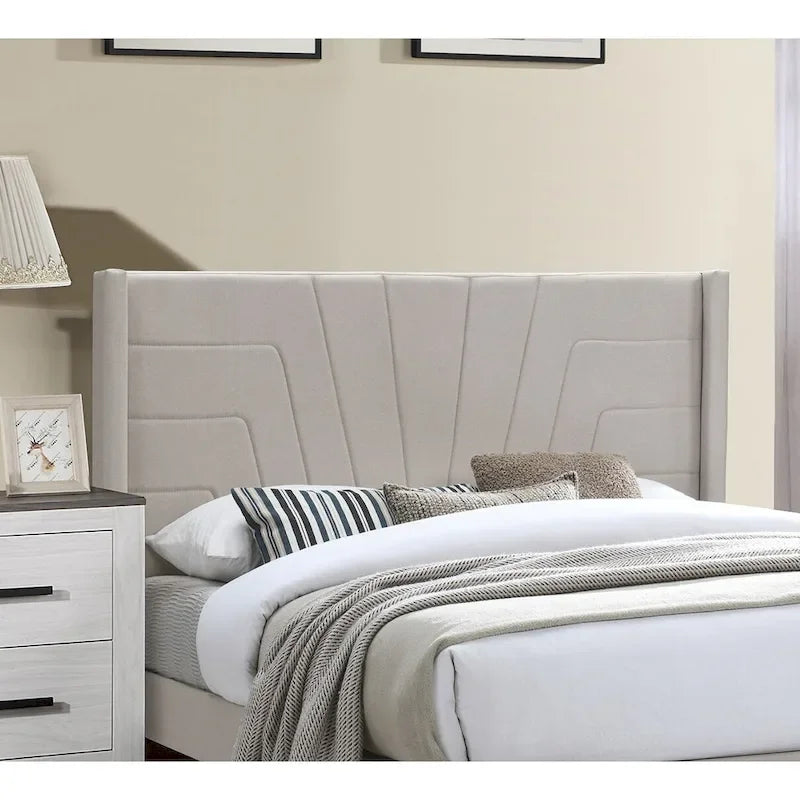 Light Brown Color 1pc Queen Size Bed Burlap Fabric Headboard Upholstered Bedroom Furniture Platform Bedframe