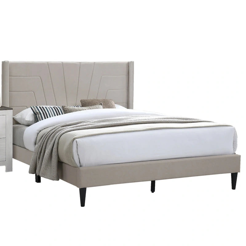 Light Brown Color 1pc Queen Size Bed Burlap Fabric Headboard Upholstered Bedroom Furniture Platform Bedframe
