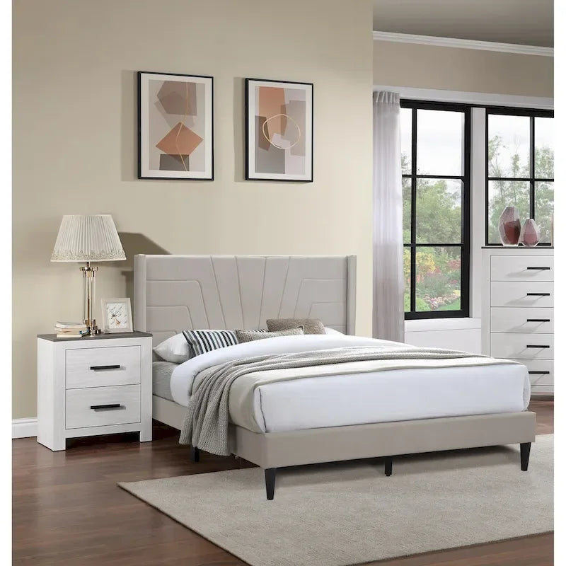 Light Brown Color 1pc Queen Size Bed Burlap Fabric Headboard Upholstered Bedroom Furniture Platform Bedframe