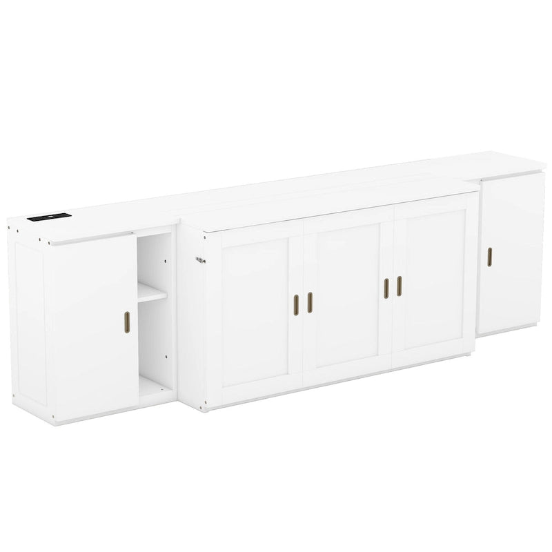 White Queen Size Murphy Bed with Shelves, Cabinets, USB Ports