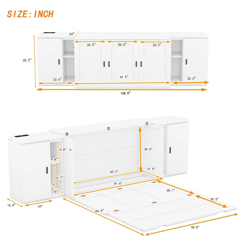 White Queen Size Murphy Bed with Shelves, Cabinets, USB Ports