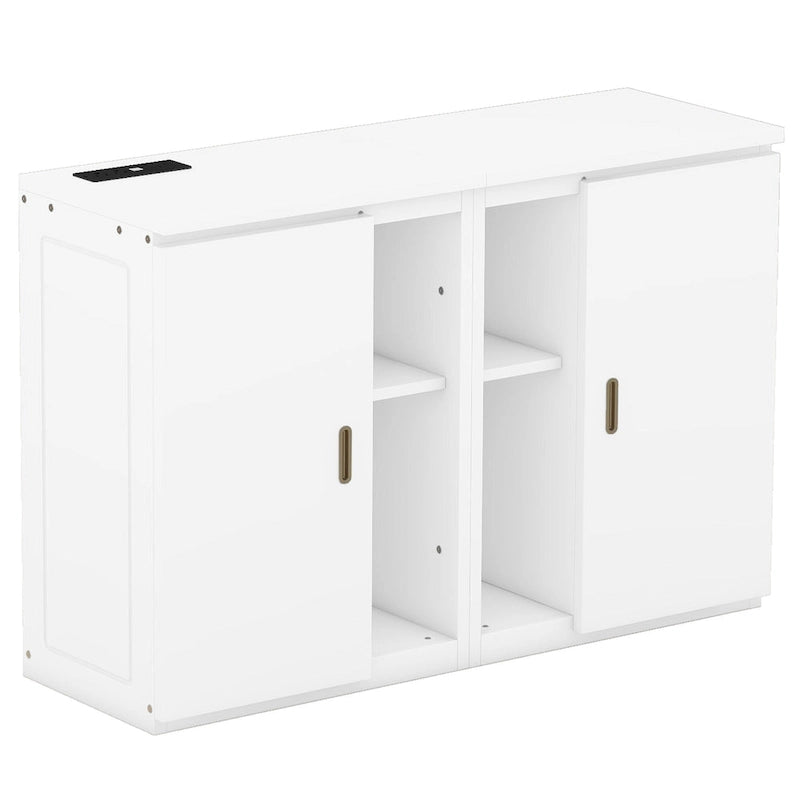White Queen Size Murphy Bed with Shelves, Cabinets, USB Ports