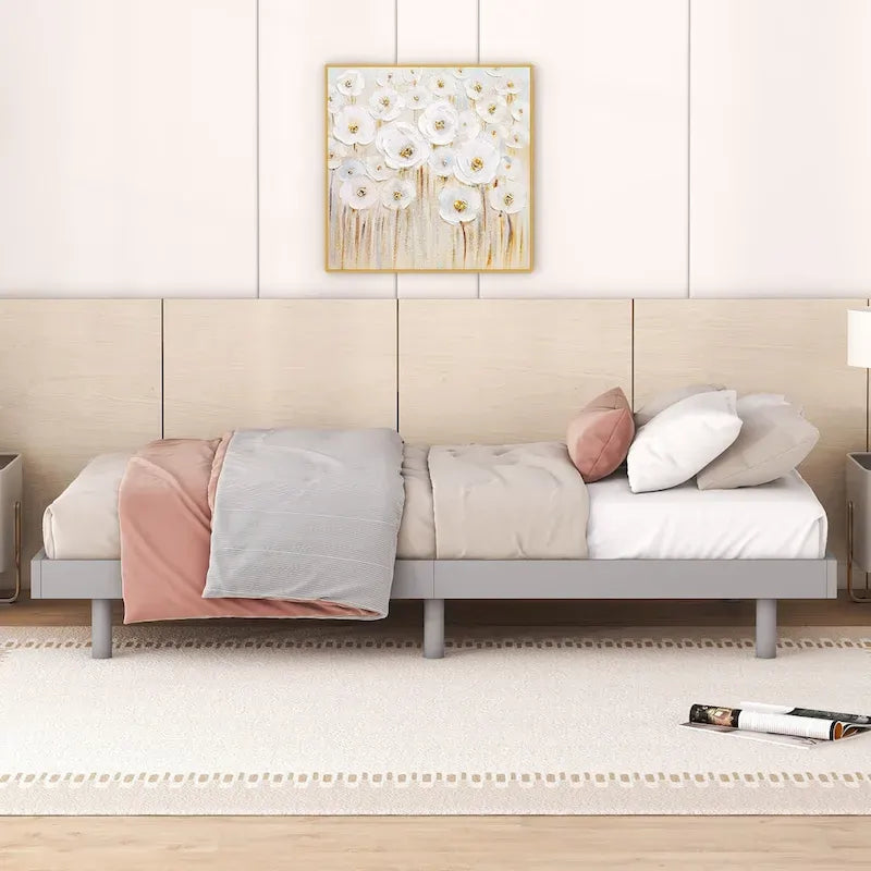 Grey Particle Board Twin Floating Platform Bed Frame with Rubberwood Legs