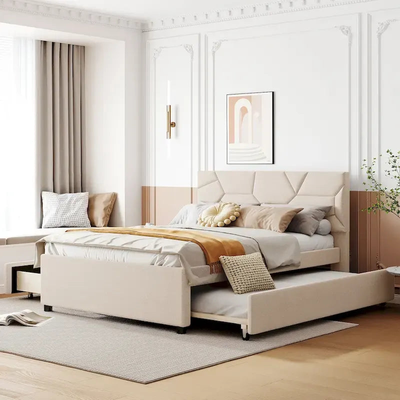 Beige Full Size Linen Platform Bed with Brick Pattern Headboard, Trundle, and Storage Drawers