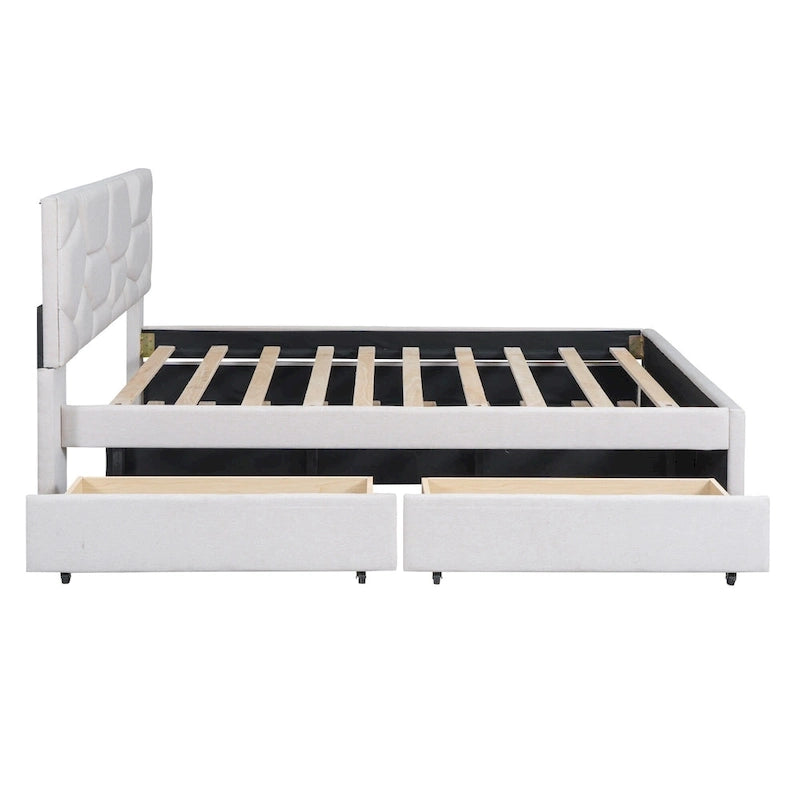 Beige Full Size Linen Platform Bed with Brick Pattern Headboard, Trundle, and Storage Drawers