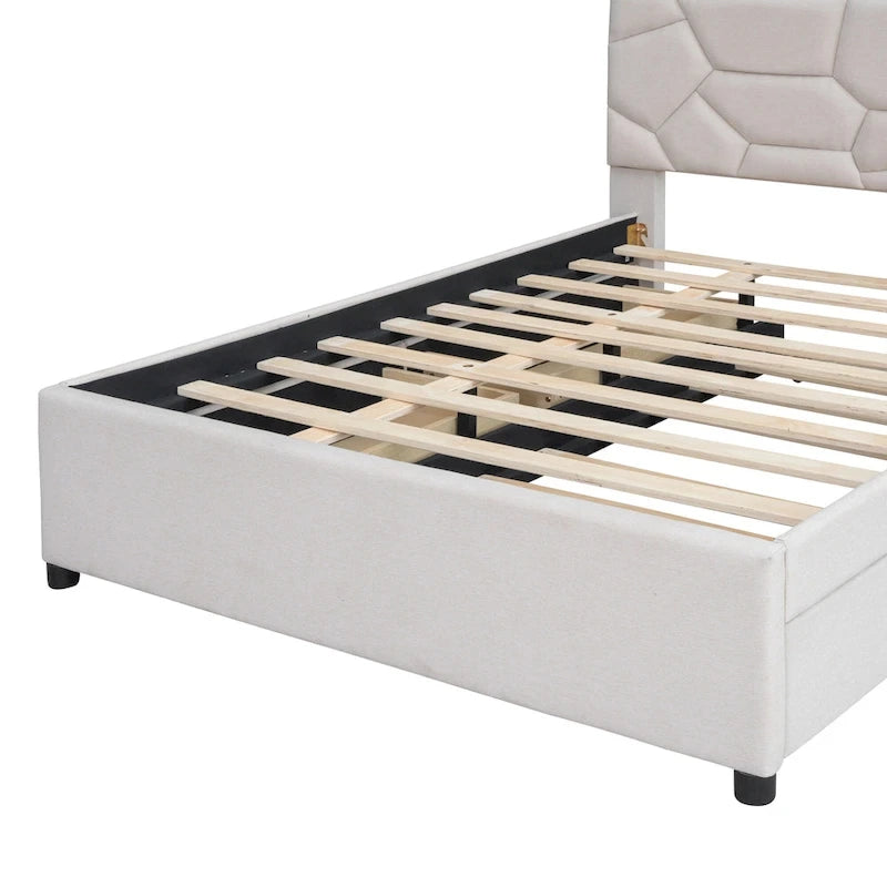 Beige Full Size Linen Platform Bed with Brick Pattern Headboard, Trundle, and Storage Drawers