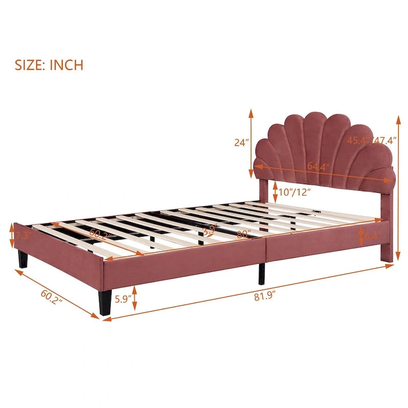 Red Velvet Queen Size Upholstered Platform Bed with Flower Pattern Headboard, No Box Spring Required