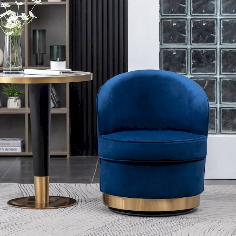 Blue Modern 22 Upholstered Velvet Accent Chair with Round Swivel Metal Base for Living Room