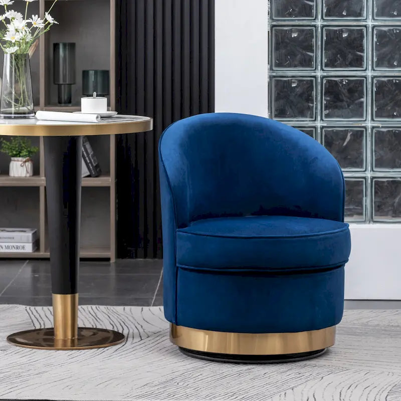 Blue Modern 22 Upholstered Velvet Accent Chair with Round Swivel Metal Base for Living Room