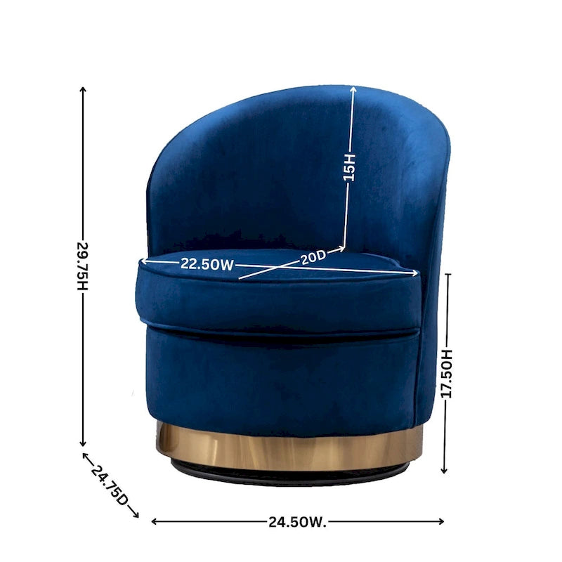Blue Modern 22 Upholstered Velvet Accent Chair with Round Swivel Metal Base for Living Room