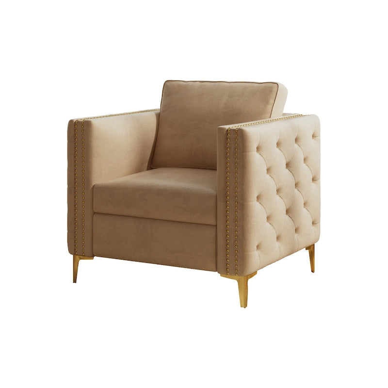 Khaki Modern 35.4 Upholstered Button Tufted Arm Chair with Metal Legs and Nailheads for Living Room