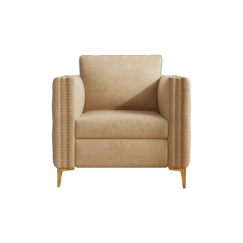 Khaki Modern 35.4 Upholstered Button Tufted Arm Chair with Metal Legs and Nailheads for Living Room