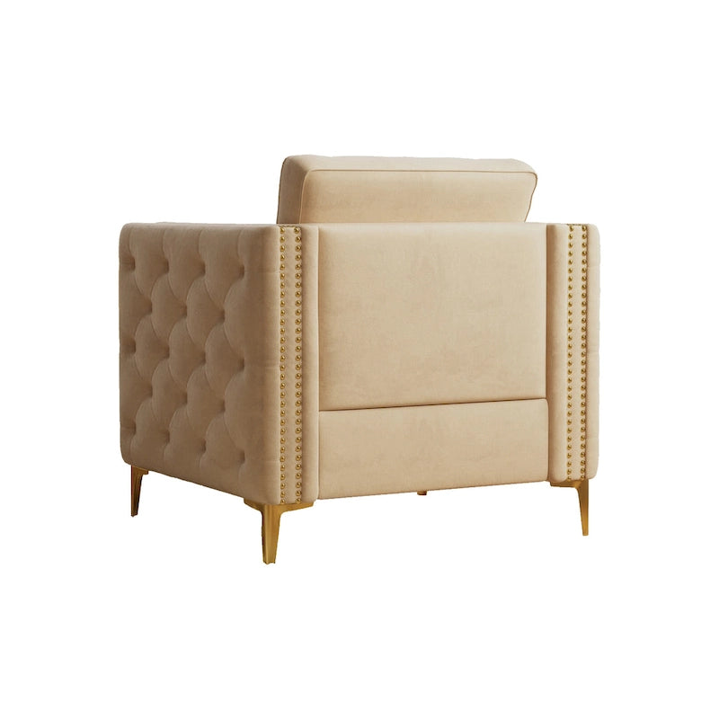 Khaki Modern 35.4 Upholstered Button Tufted Arm Chair with Metal Legs and Nailheads for Living Room