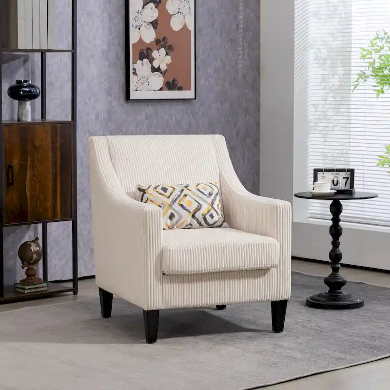 Beige Modern 26.77 Upholstered Arm Chair with Scooped Arms and Rubber Wood Legs for Living Room