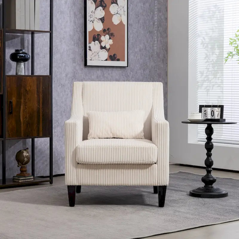Beige Modern 26.77 Upholstered Arm Chair with Scooped Arms and Rubber Wood Legs for Living Room