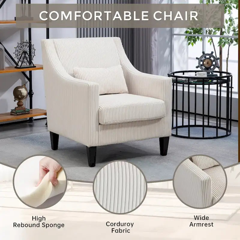 Beige Modern 26.77 Upholstered Arm Chair with Scooped Arms and Rubber Wood Legs for Living Room