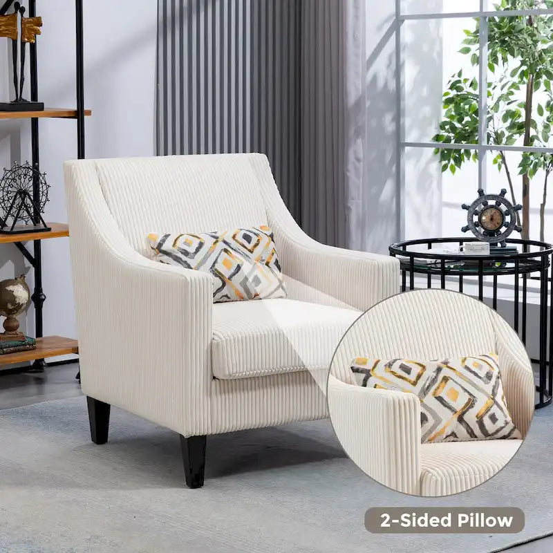 Beige Modern 26.77 Upholstered Arm Chair with Scooped Arms and Rubber Wood Legs for Living Room