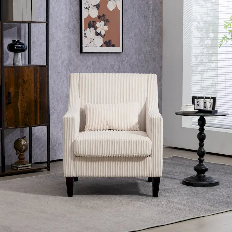 Beige Modern 26.77 Upholstered Arm Chair with Scooped Arms and Rubber Wood Legs for Living Room