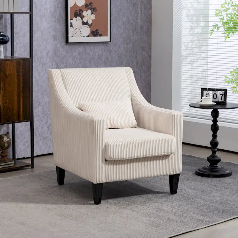 Beige Modern 26.77 Upholstered Arm Chair with Scooped Arms and Rubber Wood Legs for Living Room