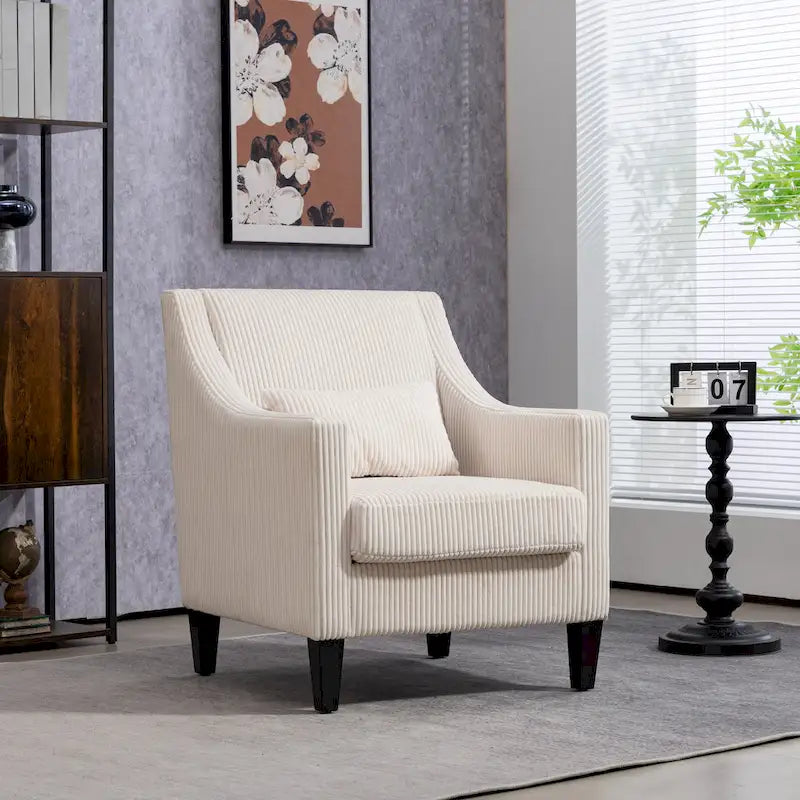 Beige Modern 26.77 Upholstered Arm Chair with Scooped Arms and Rubber Wood Legs for Living Room