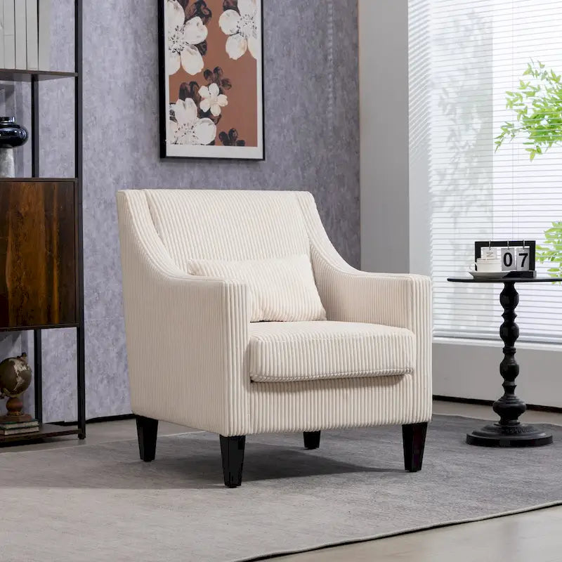 Beige Modern 26.77 Upholstered Arm Chair with Scooped Arms and Rubber Wood Legs for Living Room