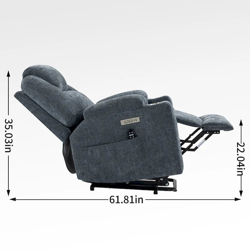 Blue Lift Recliner with 8-Point Massage, Lumbar Heating, Dual USB Ports, and Stainless Steel Cup Holders