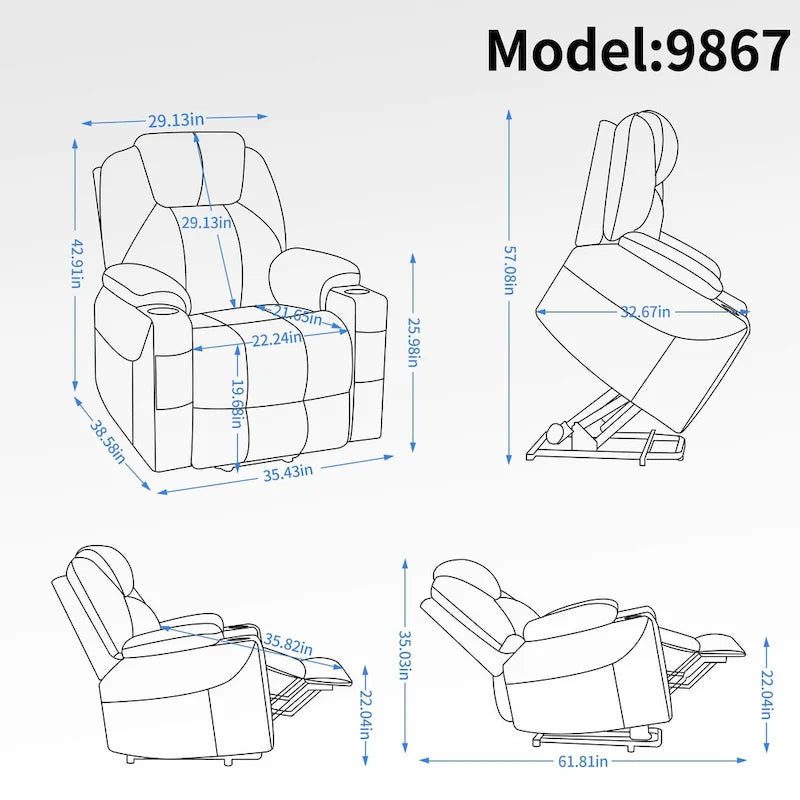 Blue Lift Recliner with 8-Point Massage, Lumbar Heating, Dual USB Ports, and Stainless Steel Cup Holders