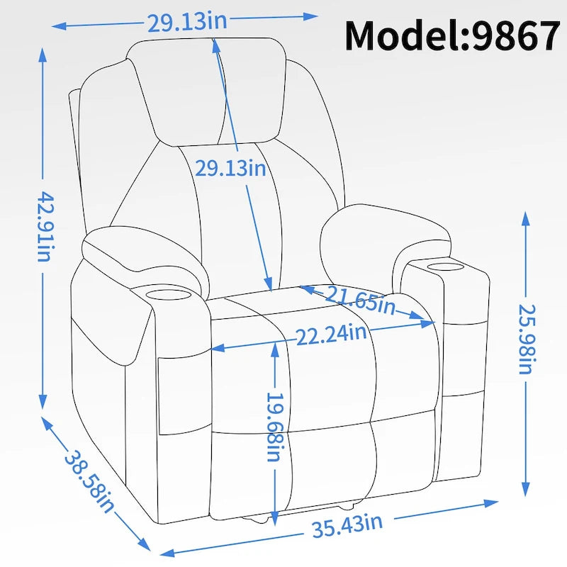 Blue Lift Recliner with 8-Point Massage, Lumbar Heating, Dual USB Ports, and Stainless Steel Cup Holders